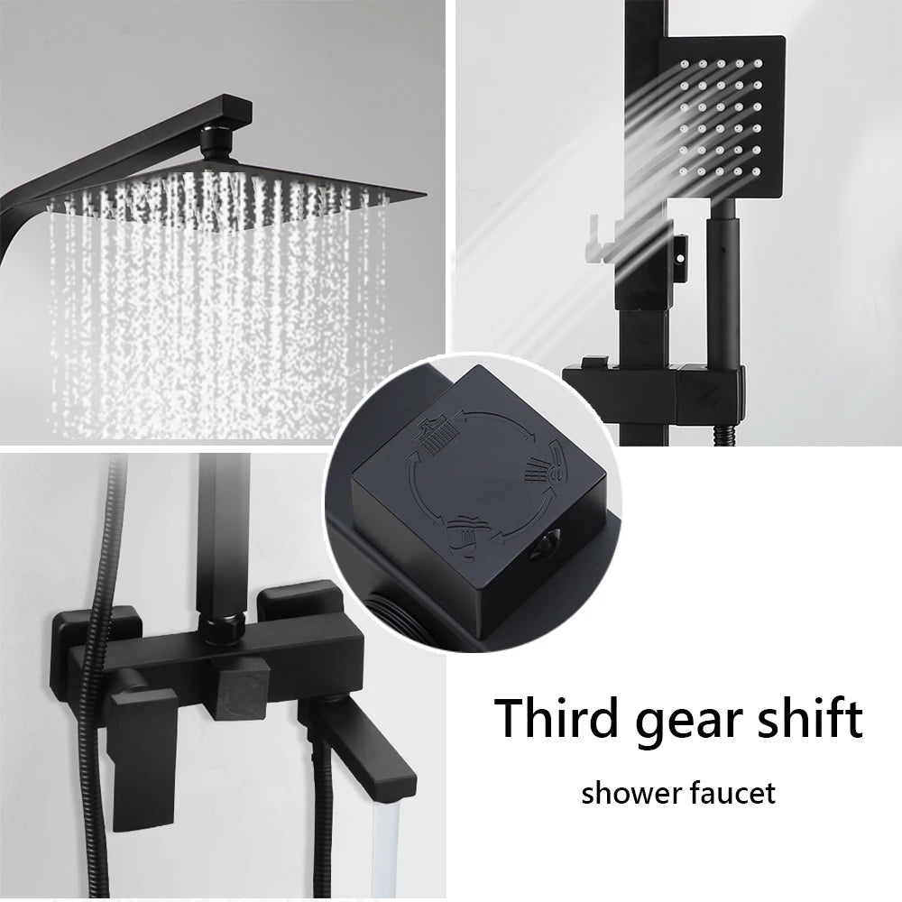 KEMAIDI Rainfall Bathroom Shower Faucet Set With Rack Shelf Bathtub Mixer Tap Black Wall Mounted Brass Bath Cabin System