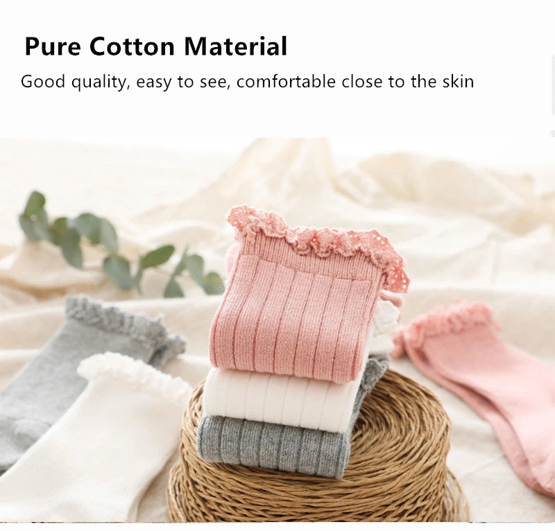 Girls Knee High Socks Baby Kids Toddlers Ruffle Long Soft Cotton Sock Lace Flower Children School Socks