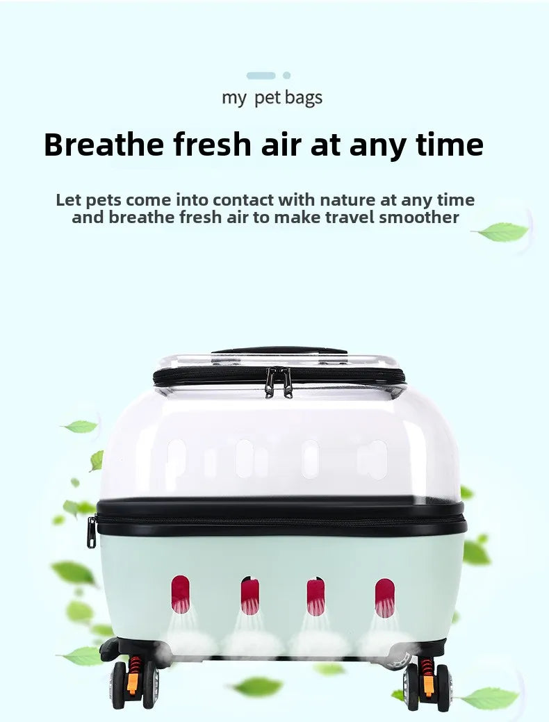 Fashion Transparent Cat Cage Large Capacity Pet Suitcase Breathable Cat Carriers Pull Rod/Handheld Dual Use Cat Transport Cart