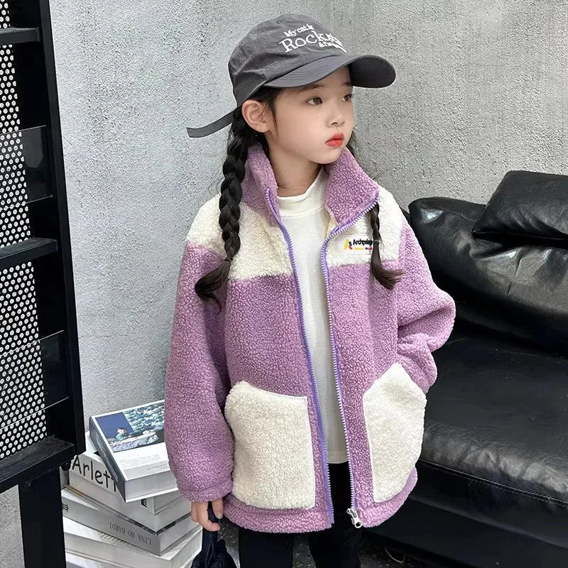 LambWool Warm Jackets For Girls Children Autumn Winter Outerwear Kids Plus Velvet Coats New Teenager Fashion Padded Clothing
