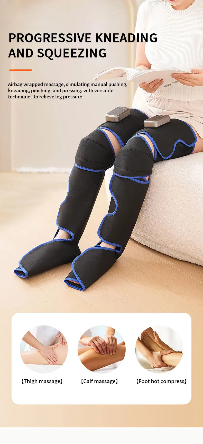 Rechargeable Leg Massager with Heat & Air Compression - 3-Level Pain Relief Wrap for Circulation Boost & Muscle Recovery LED