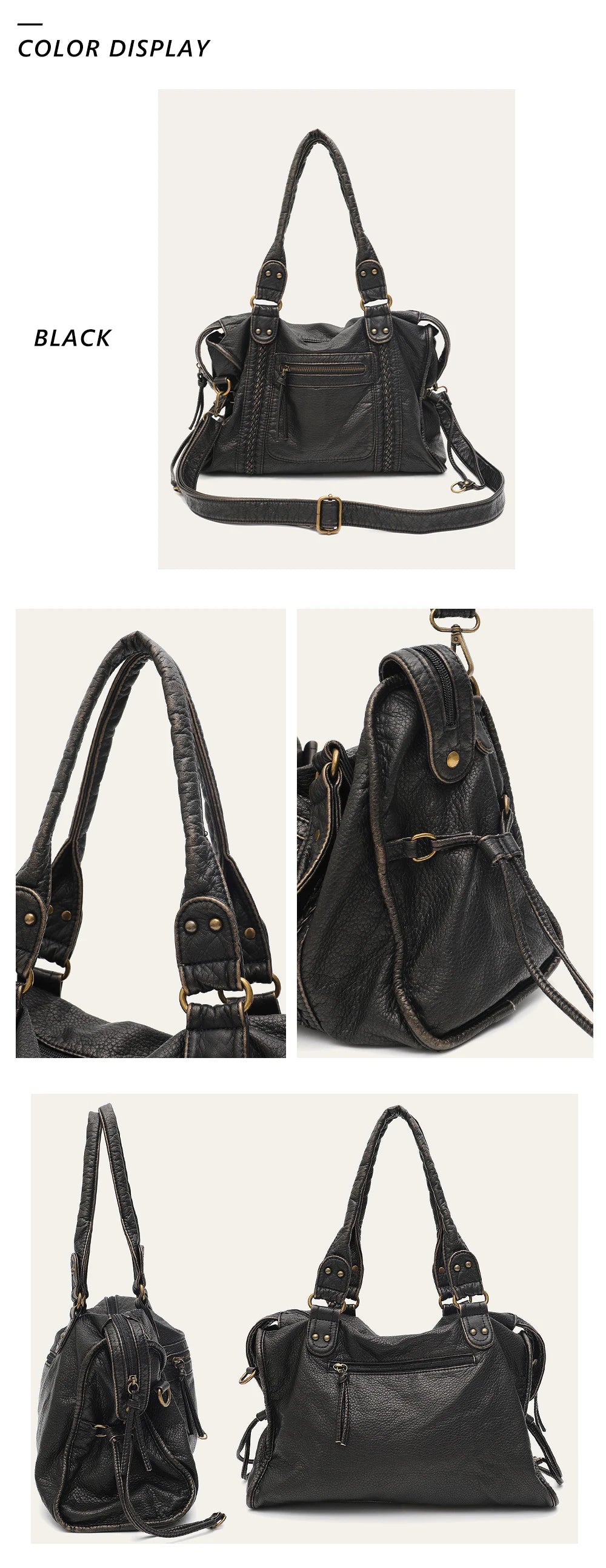 Vintage Washed PU Leather Large Capacity Tote Zip Pockets Braid Decor Shoulder Cross body Bag Unisex Women Daily Travel Handbag