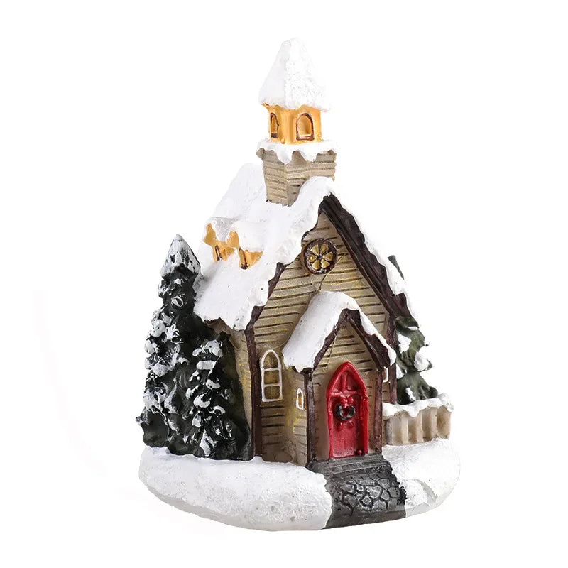 Christmas Decoration House LED Light Xmas Durable Ornaments Small Resin Mini House Miniature Village Building for Home Kids Gift