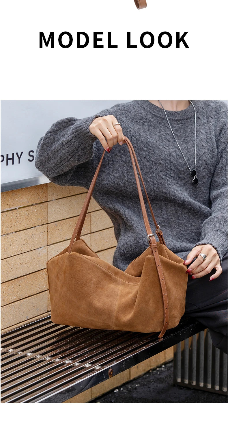 Women's Suede Cow Genuine Leather Shoulder Bags Ladies Soft Cowhide Crossbody Bag Female Design Luxury Lazy Commuting Handbag