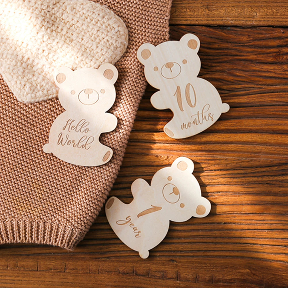 Baby Wooden Milestone Cards Bear Puzzles Memorial Monthly Cards for 0 12 Months Newborn Photography Accessories Birthing Gift