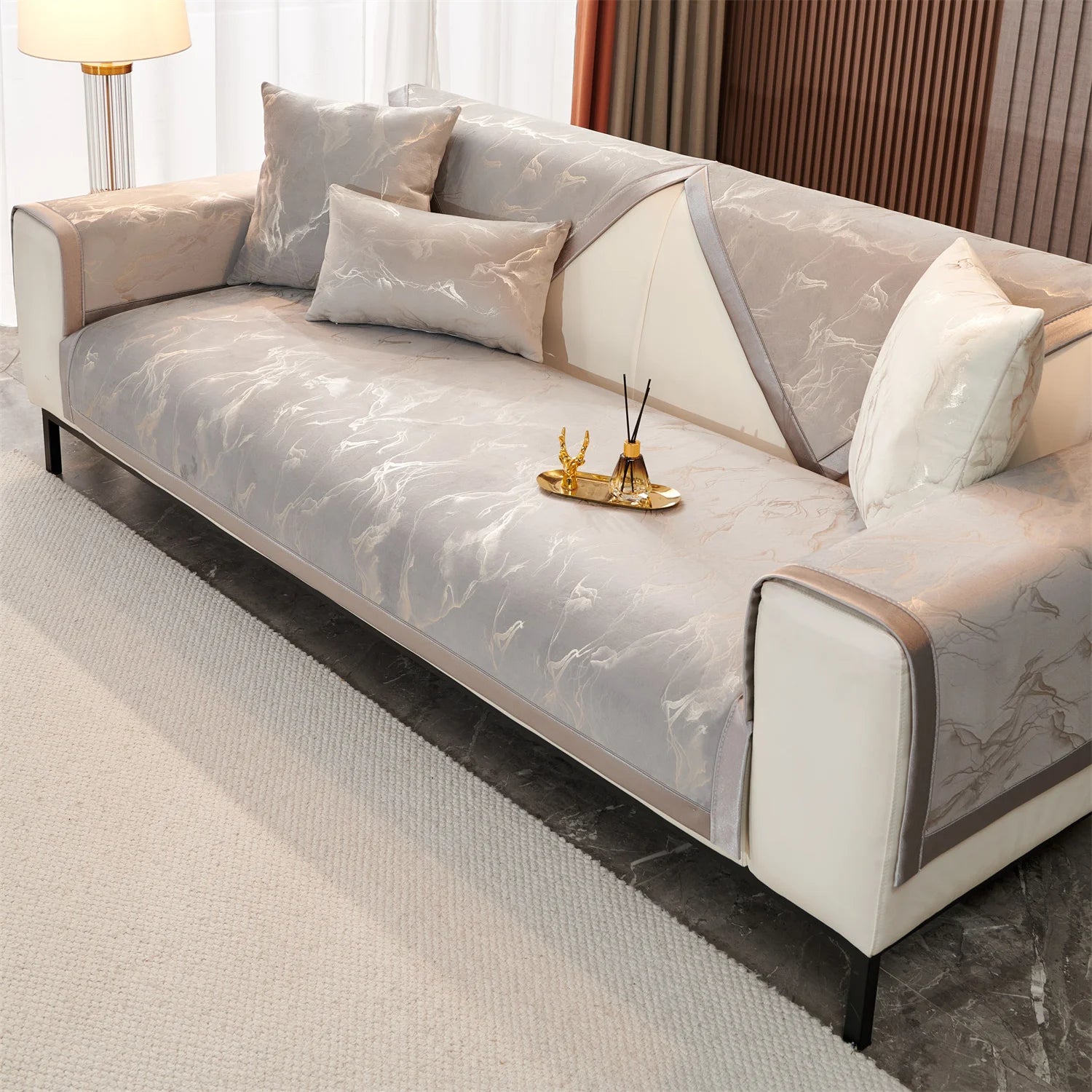 Marble Lines print velvet Sofa Cover for L Shape Sofa Covers Couch covers Slipcover Anti-Slip  Living Room 4 Seasons