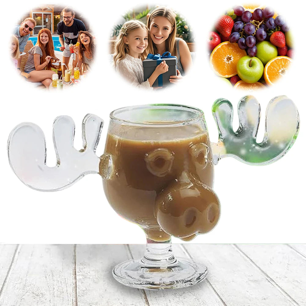3-1PCS 240ml Christmas Vacation Eggnog Moose Mug Xmas Reindeer Head Creative Elk Glass Clear Wine Water Juice Milk Cup Drinkware