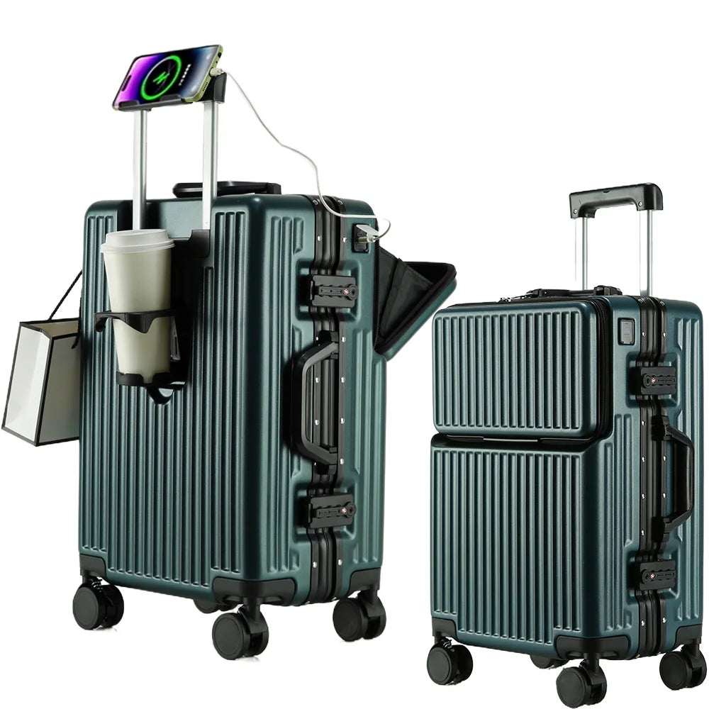 Aluminium Frame Rolling Luggage with Cup Holder Mobile Phone Holder Front Opening Suitcase Large capacity Travel Suitcase