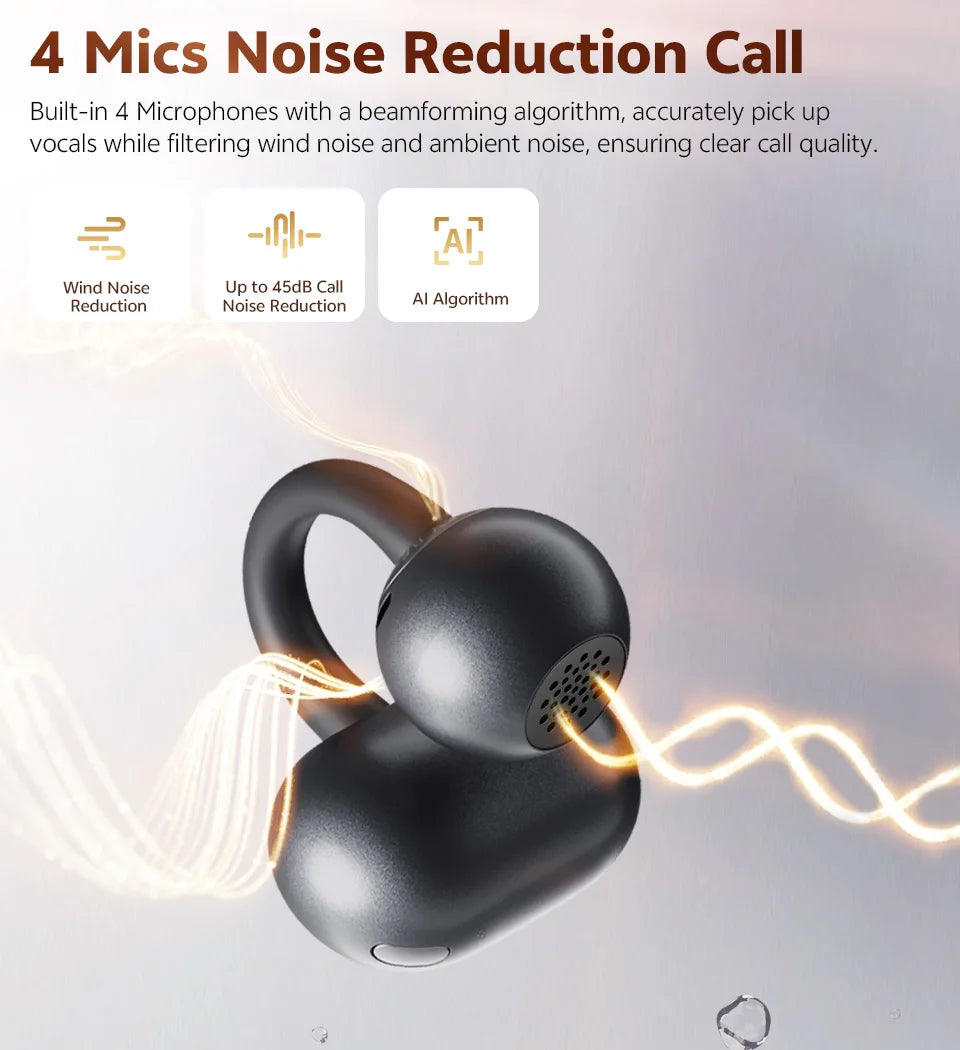 QCY Crossky C50 Open Ear Wireless Earbuds Bluetooth 6.0 Comfort Clip On Sports Earphone 4 Mic AI Clear Call Bass Boost Headphone