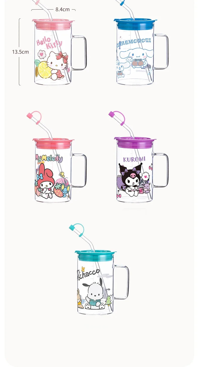 For Sanrio Collaboration Straw Glass Cup Transparent Coffee Mug Cartoon Print Water Cup with Scale＆Handle Home/Office Drinkware