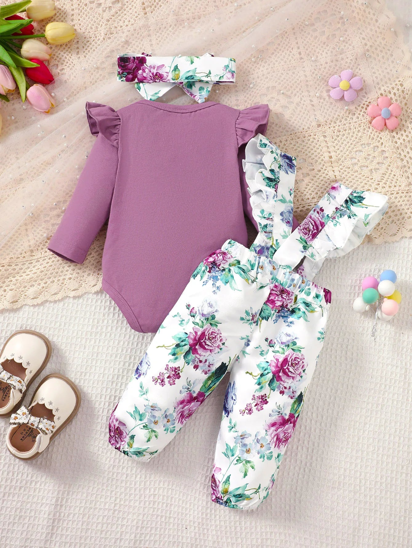 0-24 Months Newborn Baby Girl 3PCS Clothes Set Long Sleeve Romper+Flower Strap Pants+Headband Spring&Autumn Lovely Outfit