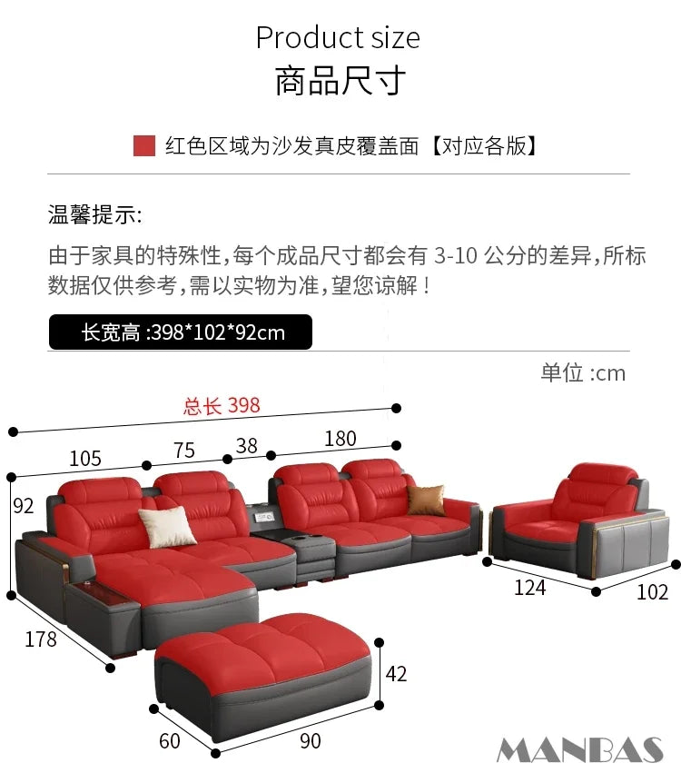 Premium Italian Genuine Leather Sectional Sofa Sets Couch Sofas with USB and Bluetooth Speaker - MANBAS Living Room Furniture