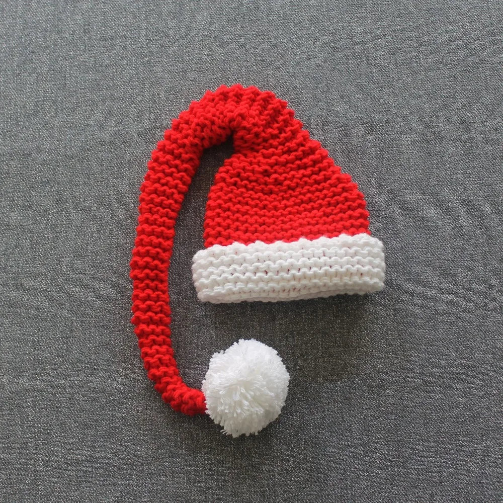 Christmas Theme Newborn Photography Props Soft Knitted Red Long Tail Fur Ball Christmas Hat Studio Baby Photoshoot Accessories