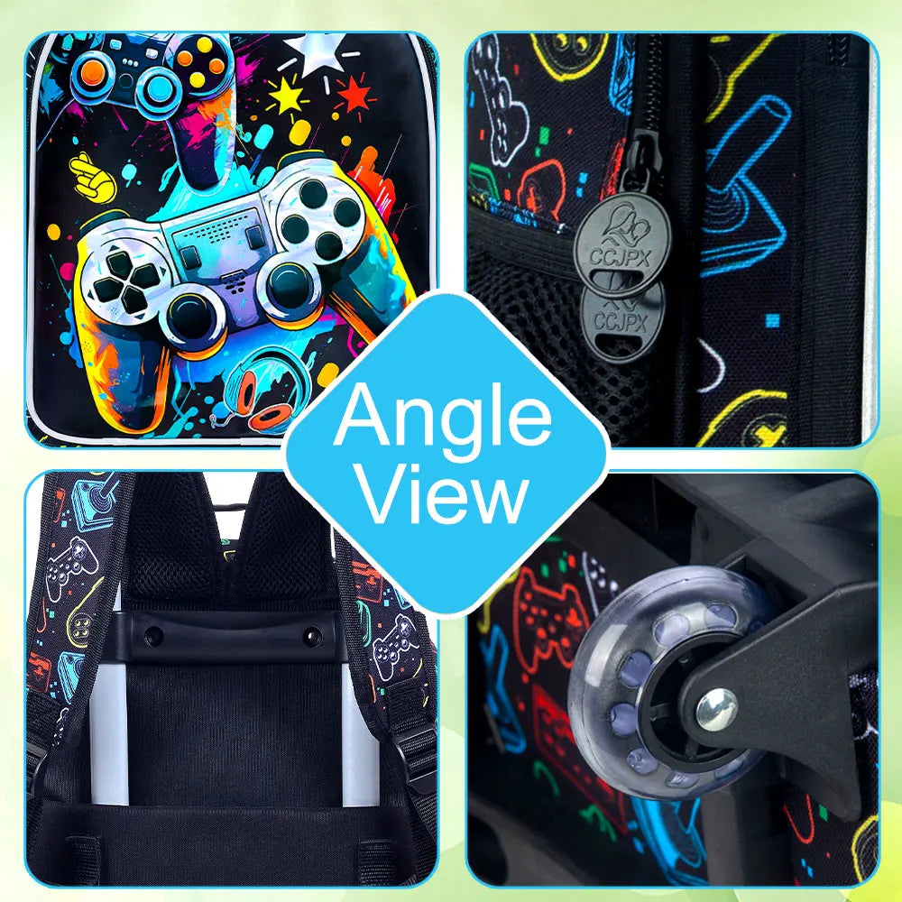 Rolling Backpack for Boys, 3PCS Kids Roller Bookbag with Lunch Bag, Wheeled School Bag for Children - Game Console