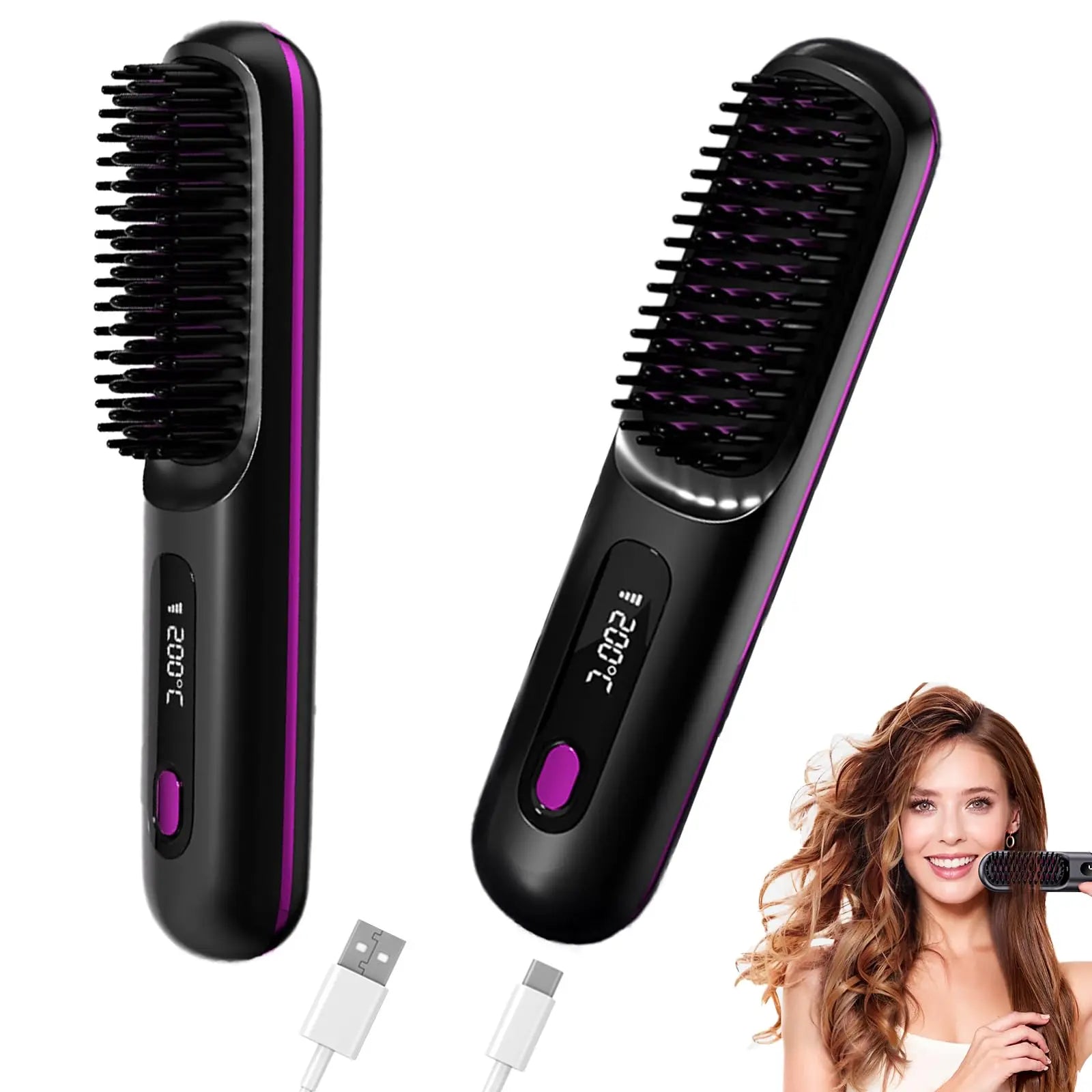 Portable Straightener Brush& Curler 2-in-1– Cordless Comb with Negative Ion,4000mAh Fast Heating&Portable Travel