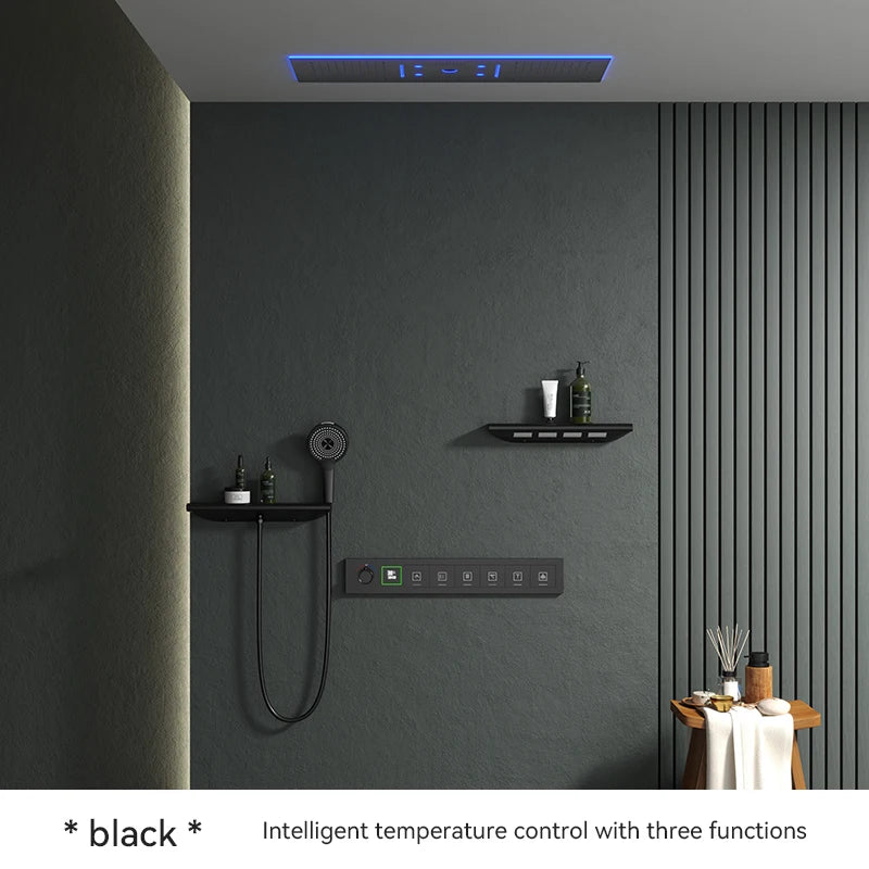 Luxury Ceiling Shower System Set Concealed Thermostatic Brass Digital Display Hydro Generator Rainfall  with Light and Bluetooth