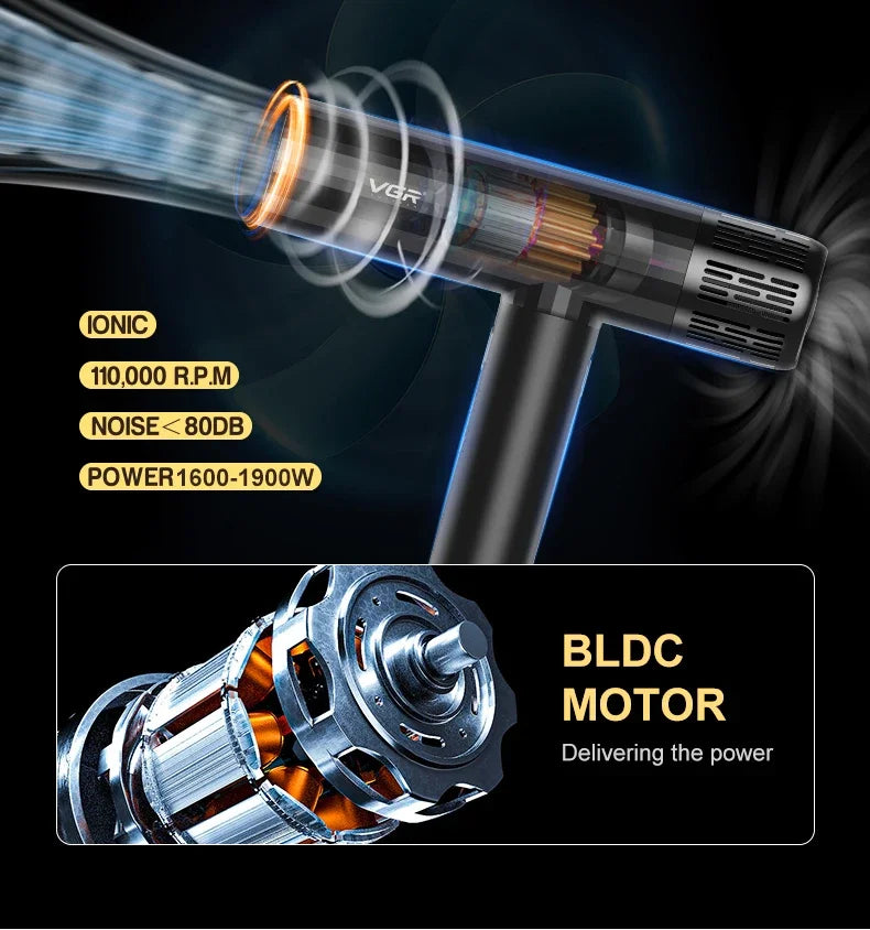 VGR Hair Dryer Professional Air Blower Brushless Motor Hair Dryer Machine 110000 RPM Hair Dryer Negative Ion Barber Salon V-427