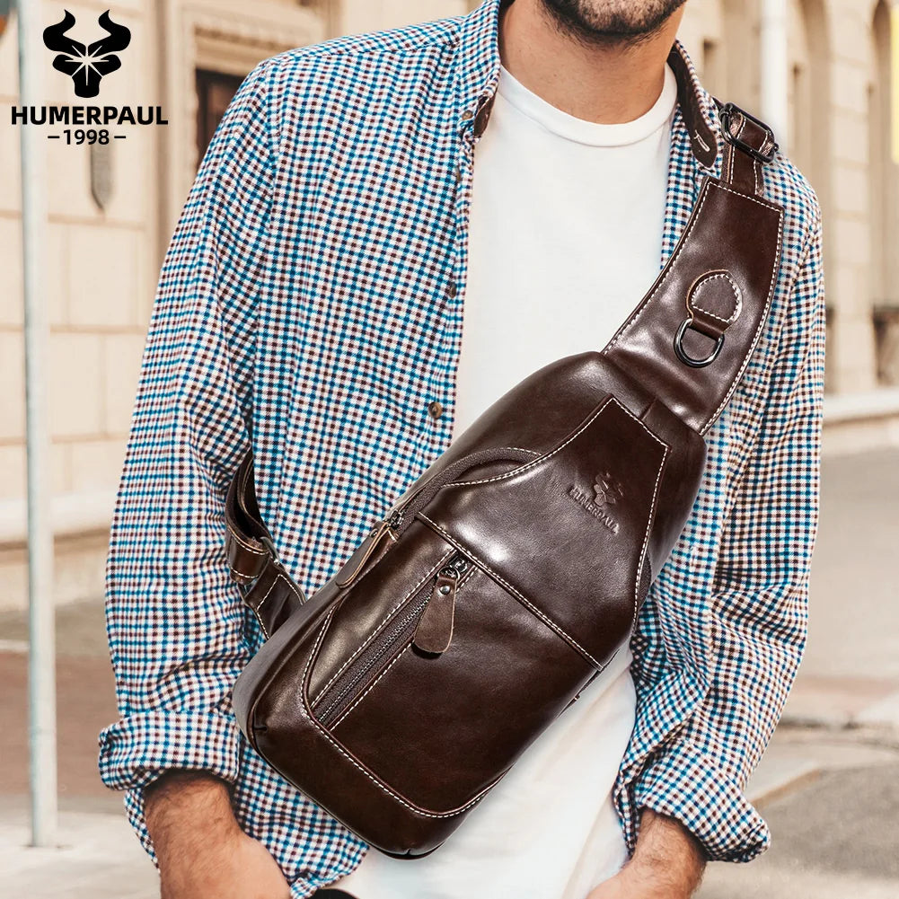 HUMERPAUL New Men's Chest Bag Crossbody Pack Genuine Leather Large Capacity Casual Messenger Bag Retro Men Handbag Shoulder Bag