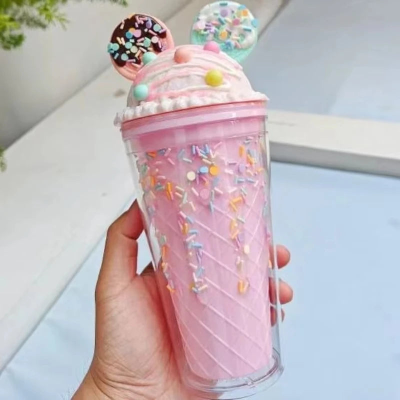 450ml Cute Straw Cup,Ice Cream Lids for Stanley Tumbler,Reusable Plastic Cups,Summer Drinkware Cold Brew,Girl Water Bottle Gift