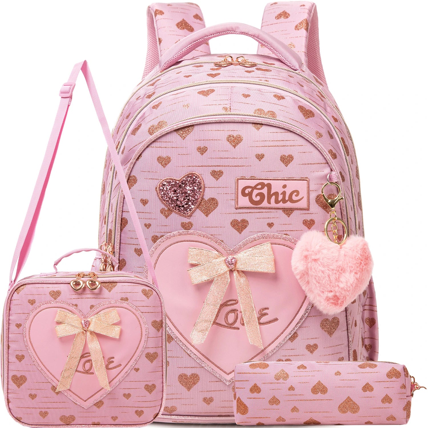 New Bowknot Ribbon Backpack Girls Backpack with Lunch Bag and Pen Bag for Elementary School for Picnic Travel Best Gift