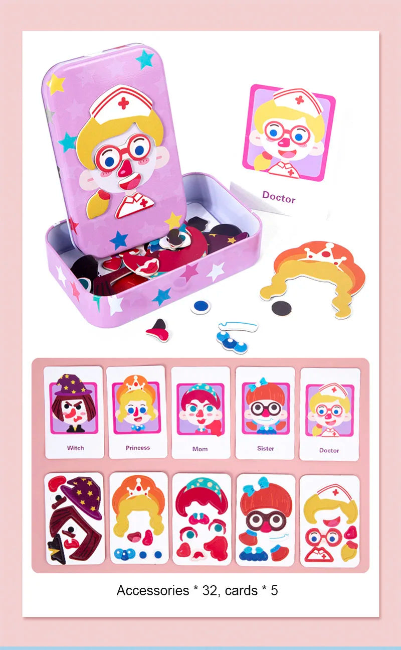 Magnetic 3D Puzzle Children Dress Up Change Facial Expression Game Iron Box Jigsaw Early Education Imagination Toys Girls Gifts