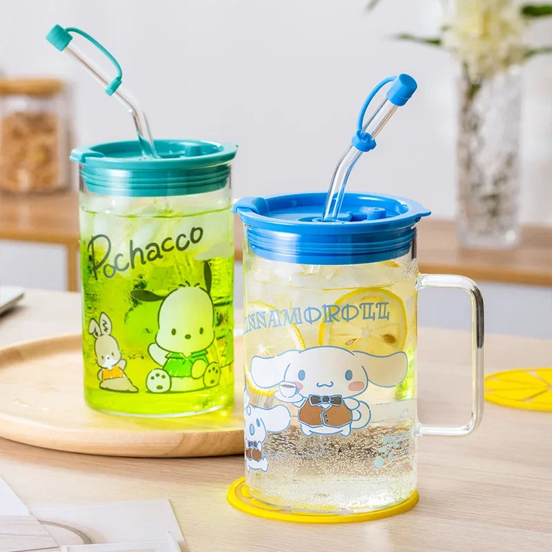 For Sanrio Collaboration Straw Glass Cup Transparent Coffee Mug Cartoon Print Water Cup with Scale＆Handle Home/Office Drinkware