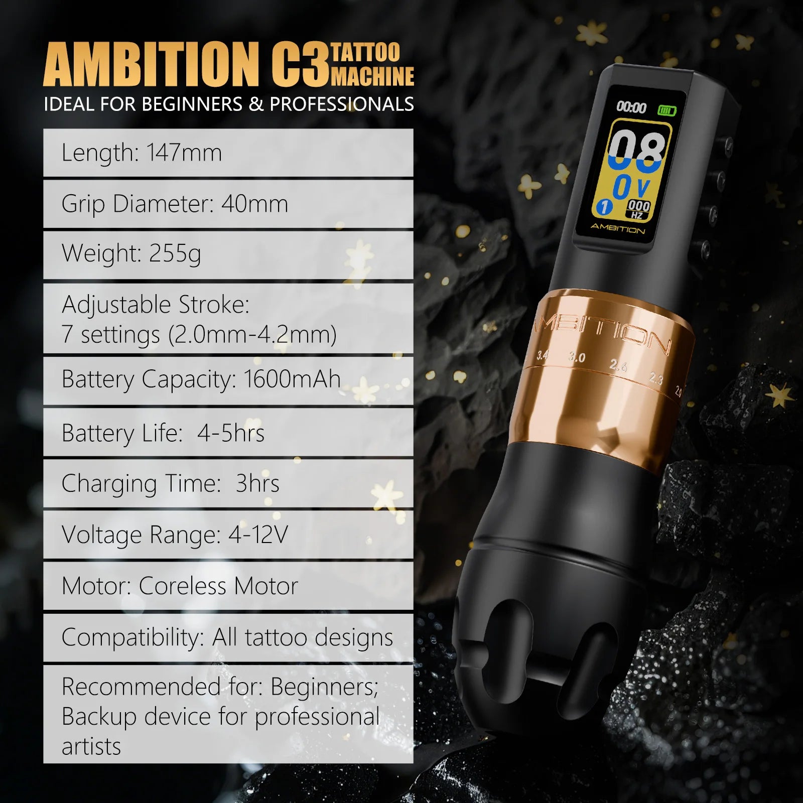 Ambition C3 Coreless Motor Body Makeup Professional Wireless Tattoo Machine Pen 7 Adjustable Stroke 2.0-4.2mm For Tattoo Artists