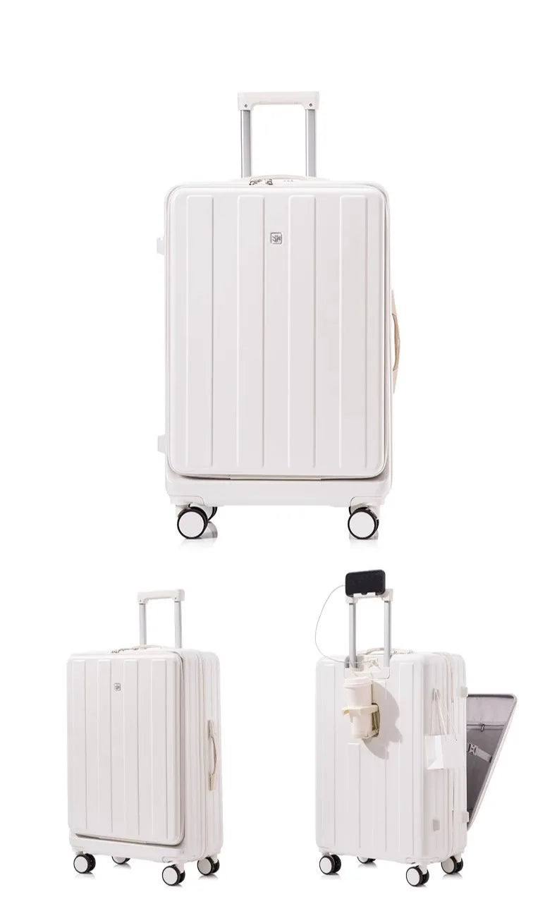 Multifunction Large Capacity Luggage Business Carry on Boarding USB Charging Cup Holder Front Opening Lid Trolley Suitcase