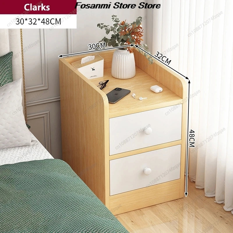 Minimalist Ultra Slim Nightstand Modern Narrow Bedside Table with Open Shelf and Drawers Space Saving Storage for Small Bedroom