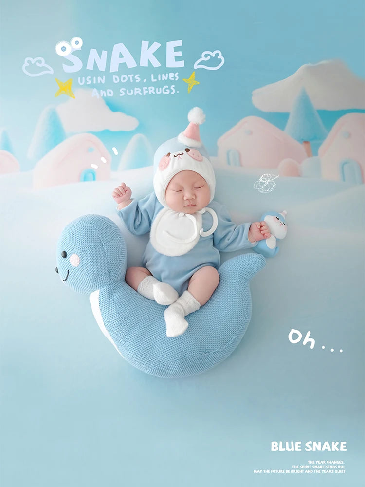 Baby Photography Clothes Cartoon Knitted Jumpsuit With Tail+Hat+Dolls 4pc/Set Newborn Costume Cute Snake Toy Pillow Accessories