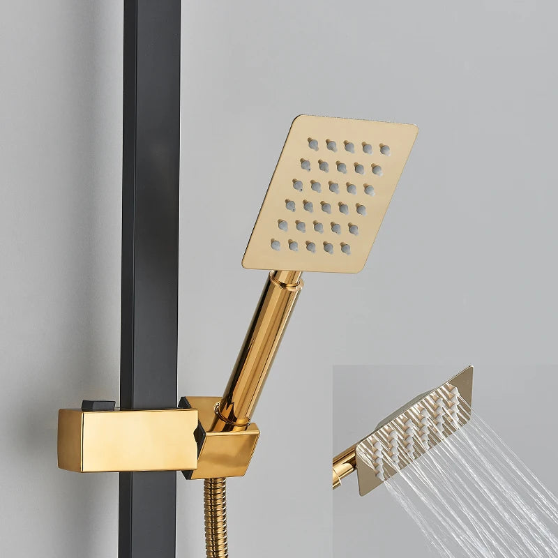 Black Gold Bathroom Shower System Brass Hot Cold Bathroom Faucets Set Accessories 10 Inch Stainless Steel Rain Shower Head