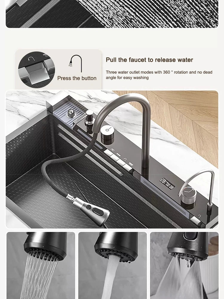 Kitchen Sink Stainless Steel Waterfall Sinks Extra Large Single Slot with Digital Display Faucet Set For kitchen