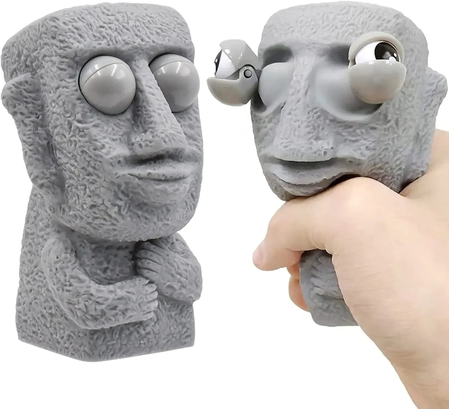 Stone man releases stress toy slowly rebounds soft Moai statue squeeze eyes interested expression relaxes stress children's gift