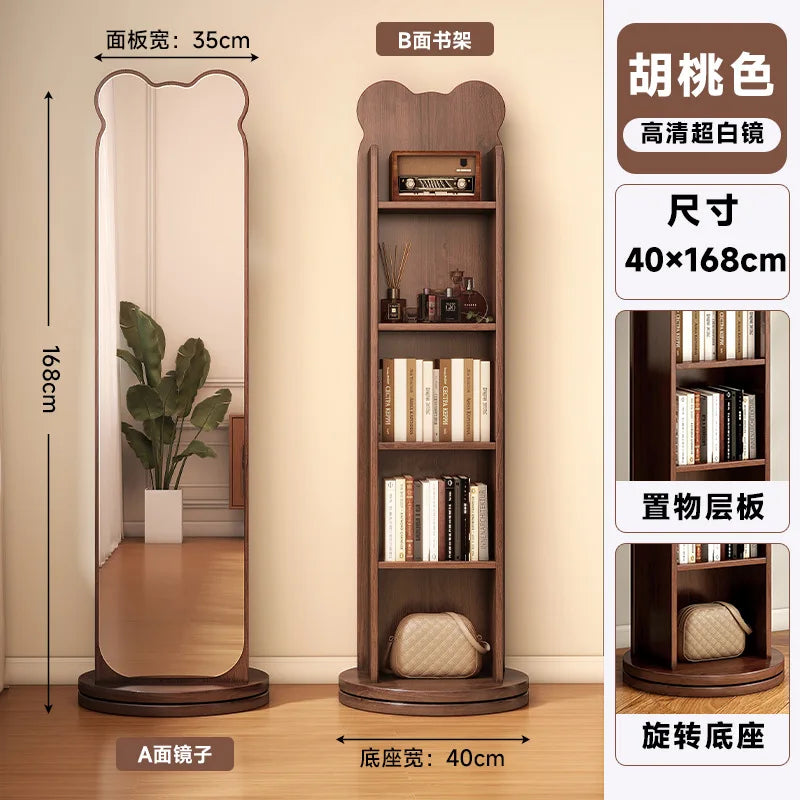 Bookshelf full-body mirror rotating mobile dressing floor mirror bookshelf integrated storage fitting mirror