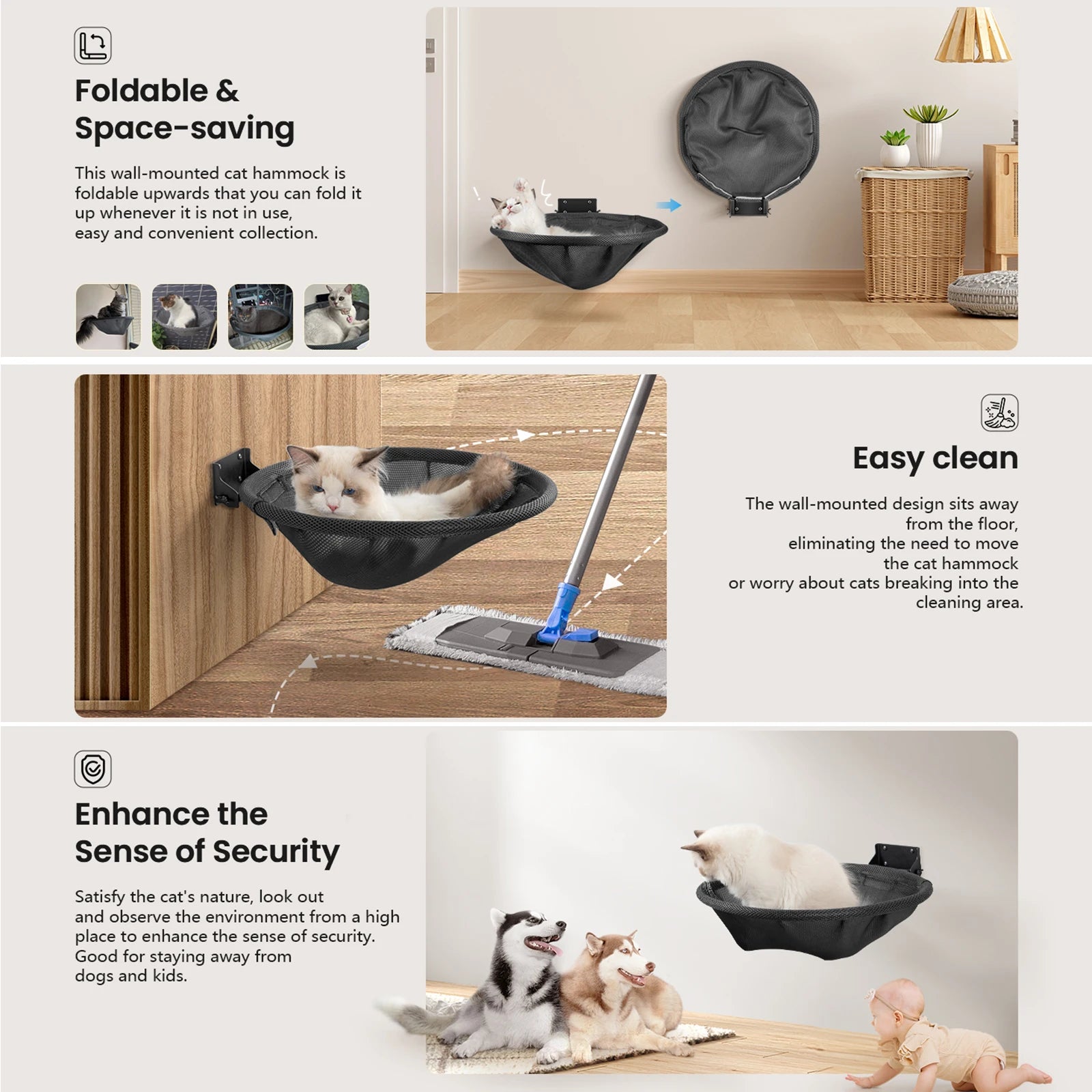 Cat Hammock Bed Wall Mounted Foldable Stable 42cm Cat Beds Breathable Cats Wall Shelf for Sleeping Playing Climbing Accessories