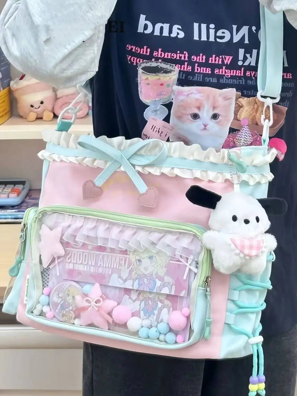 New Y2K Cute Japanese Ita Bag Lolita Girl Transparent Shoulder Tote Bag Large Capacity Crossbody Casual Bag DIY Display Handbags