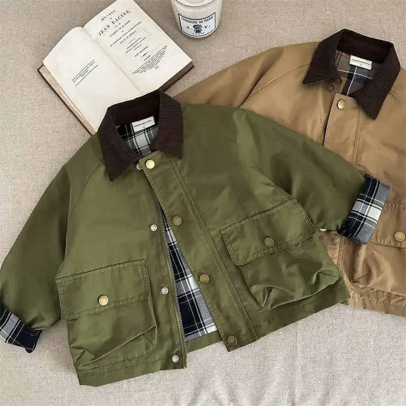 2025 UNITIM Spring Autumn Kids Boys Jacket Plaid Spliced Pocket Long Sleeve Toddler Boys Outerwears Coat Children Boys Jacket