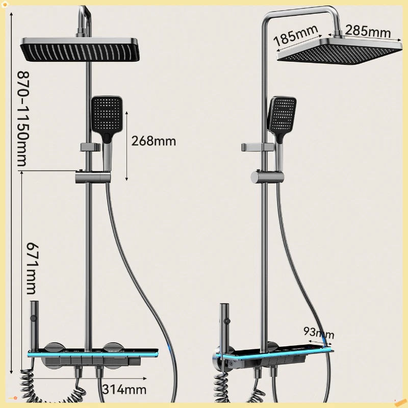 Grey Shower System with Ambient Light Intelligent Digital Shower Faucet Set Temperature Display Rainlfall Bathroom Shower Set