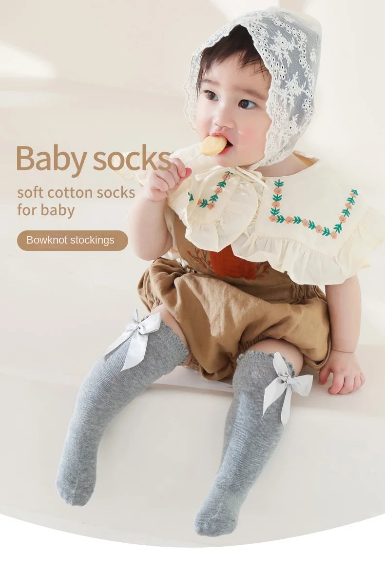 Baby Girls Bow Knee High Socks Cute Kids Girl Student Princess Sock Children Solid Color Cotton Socks Infant Newborn Clothing