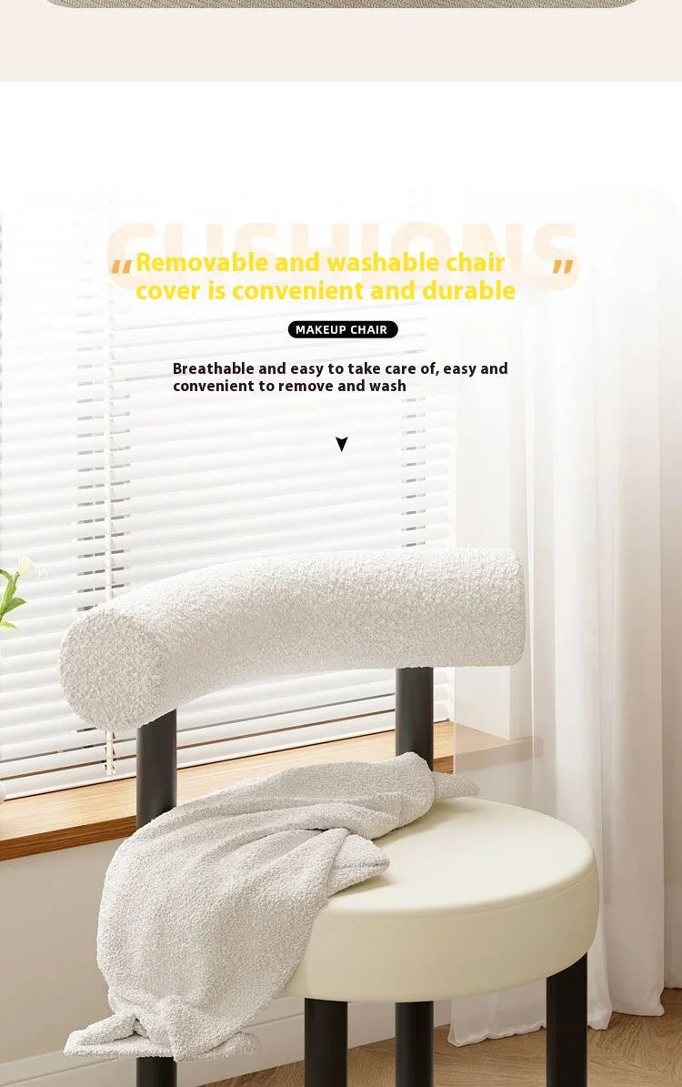 Cloud Vanity Stool Plush Lambwool Round Silhouette, Bedroom Makeup Chair with Designer Cloud Aesthetic Ergonomic Lumbar Support