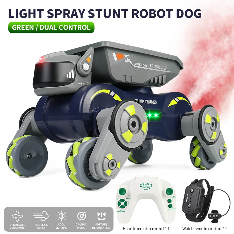 Rc Stunt Car 8-Wheel Mechanical Robot Dog with Lights Spray for Kids Remote Gesture Sensing Control Electronic Pet Toy Car