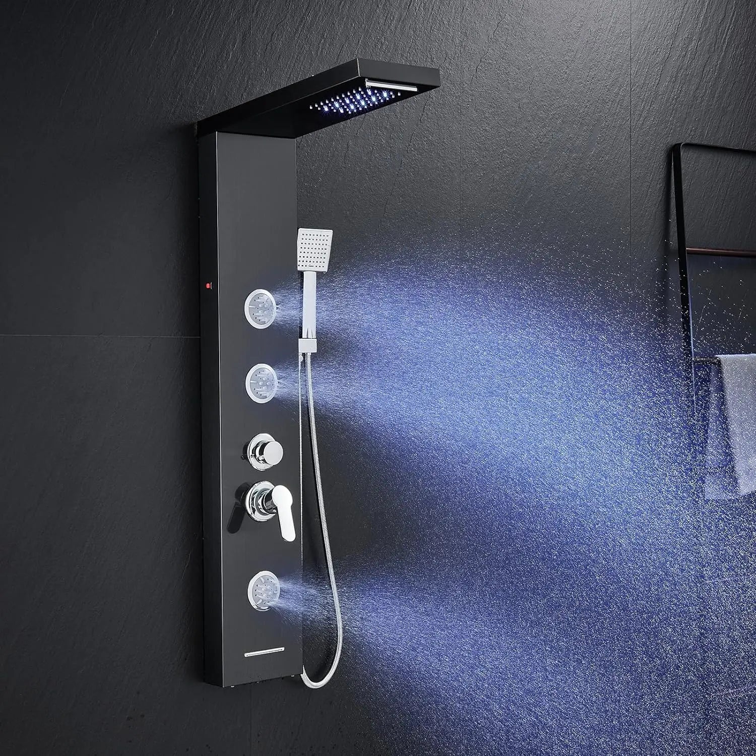 KEMAIDI LED Shower Panel Tower System with Rainfall Waterfall Shower Black Shower Panels with Jets and Rainfall and Handheld