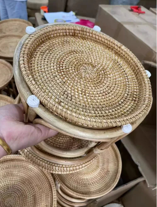 Handwoven Rattan Balcony Side Table Vintage Sofa Coffee Table  Durable Dessert and Snack Stand Japanese  Bedroom Organizer