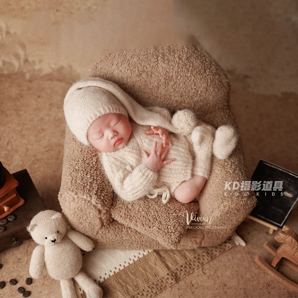 0-1 Month Newborn Photography Scenes Props Knitted Baby Costume Set Teddy Bear Doll Coffee Maker Props Studio Photo Accessories