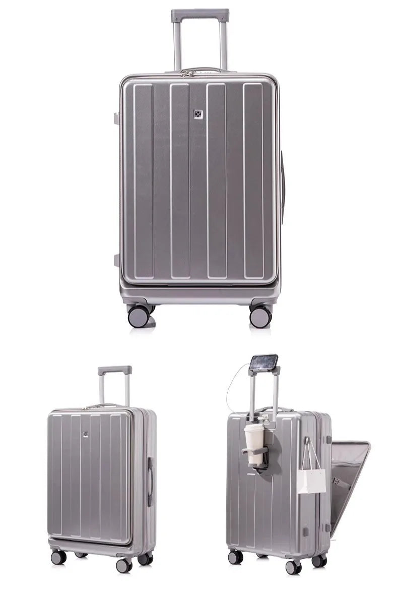 Multifunction Large Capacity Luggage Business Carry on Boarding USB Charging Cup Holder Front Opening Lid Trolley Suitcase
