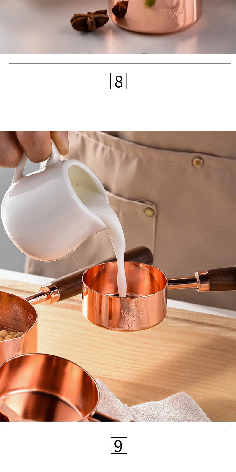 Measuring Spoon Set Wooden Handle Stainless Steel Measuring Cups Spoons Baking Tools Coffee Bartending Scale Kitchen Accessories