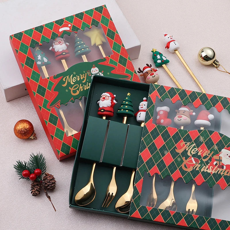 2/4/6Pcs Christmas Fork And Spoon Set,Stainless Steel Creative Tableware,Coffee Tea Dessert Forks And Spoons Gift Set