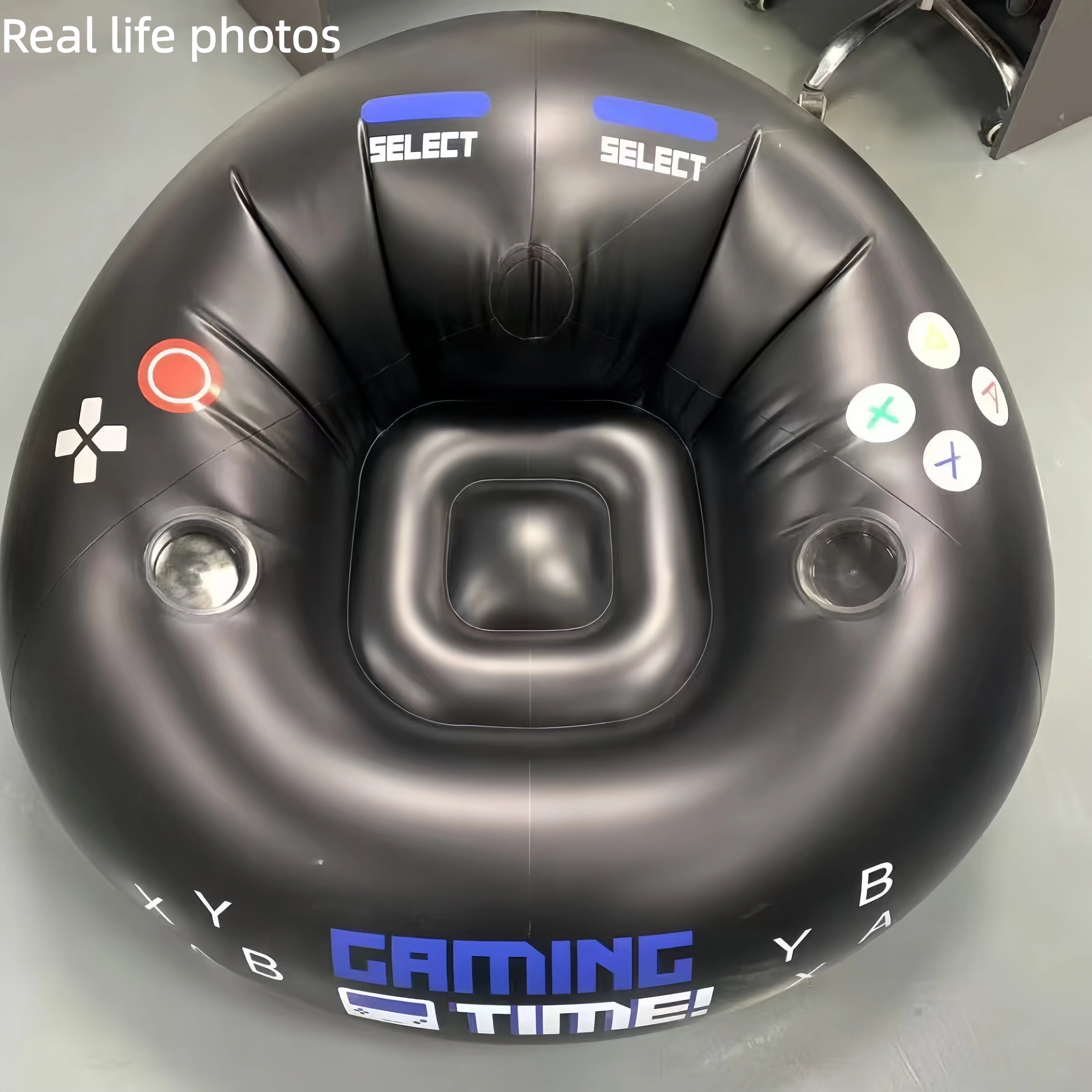 Creative Esports Game Inflatable Circular Sofa Chair with Cup Holder and Side Pockets Music Karaoke Black Bean Bag Sofa