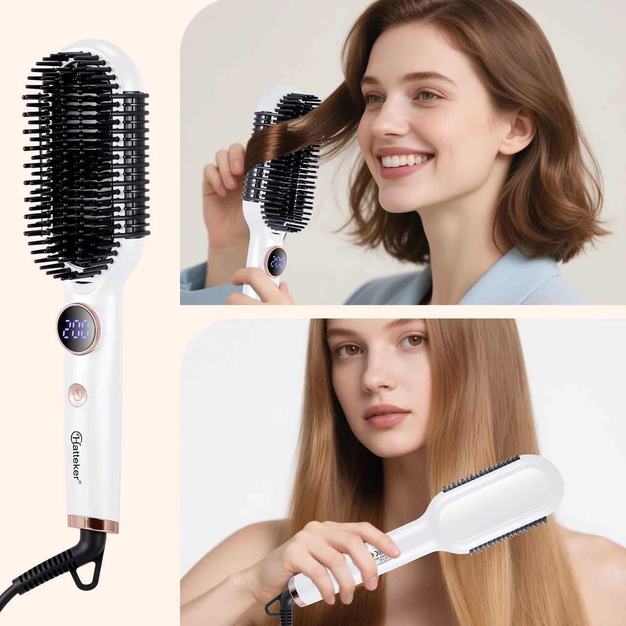 Hatteker Multi-Setting Hair Styling Comb Adjustable Temperature Volumizing Straightening/Curling Brush Hair Straightener Comb