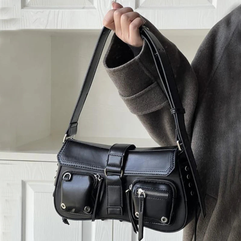 Goth Punk Cool Women's Underarm Bag Hot Girls Shoulder Bags Fashion Design PU Leather Female Handbags Tote Purse with Zipper